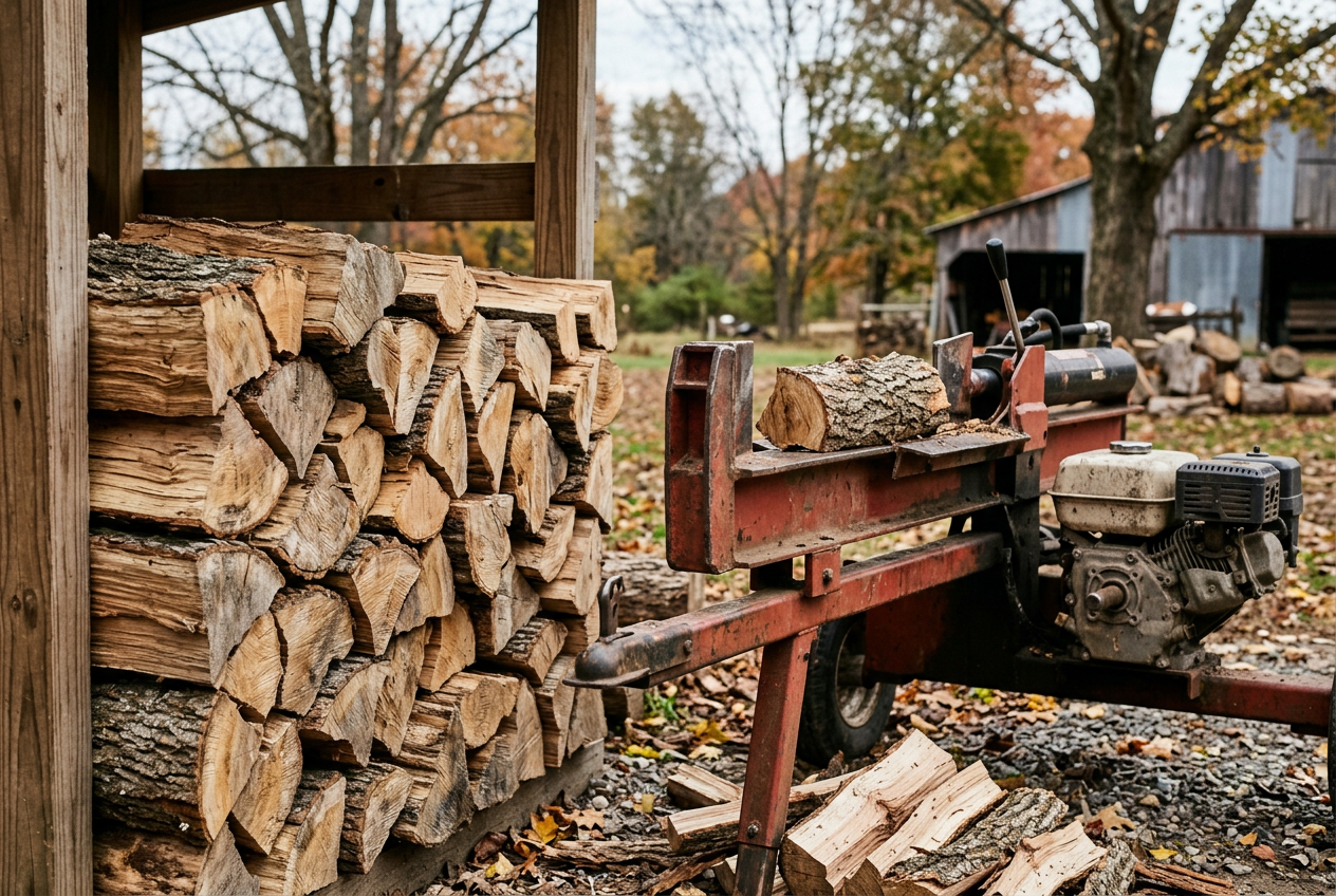 Stacked split firewood next to a log splitter