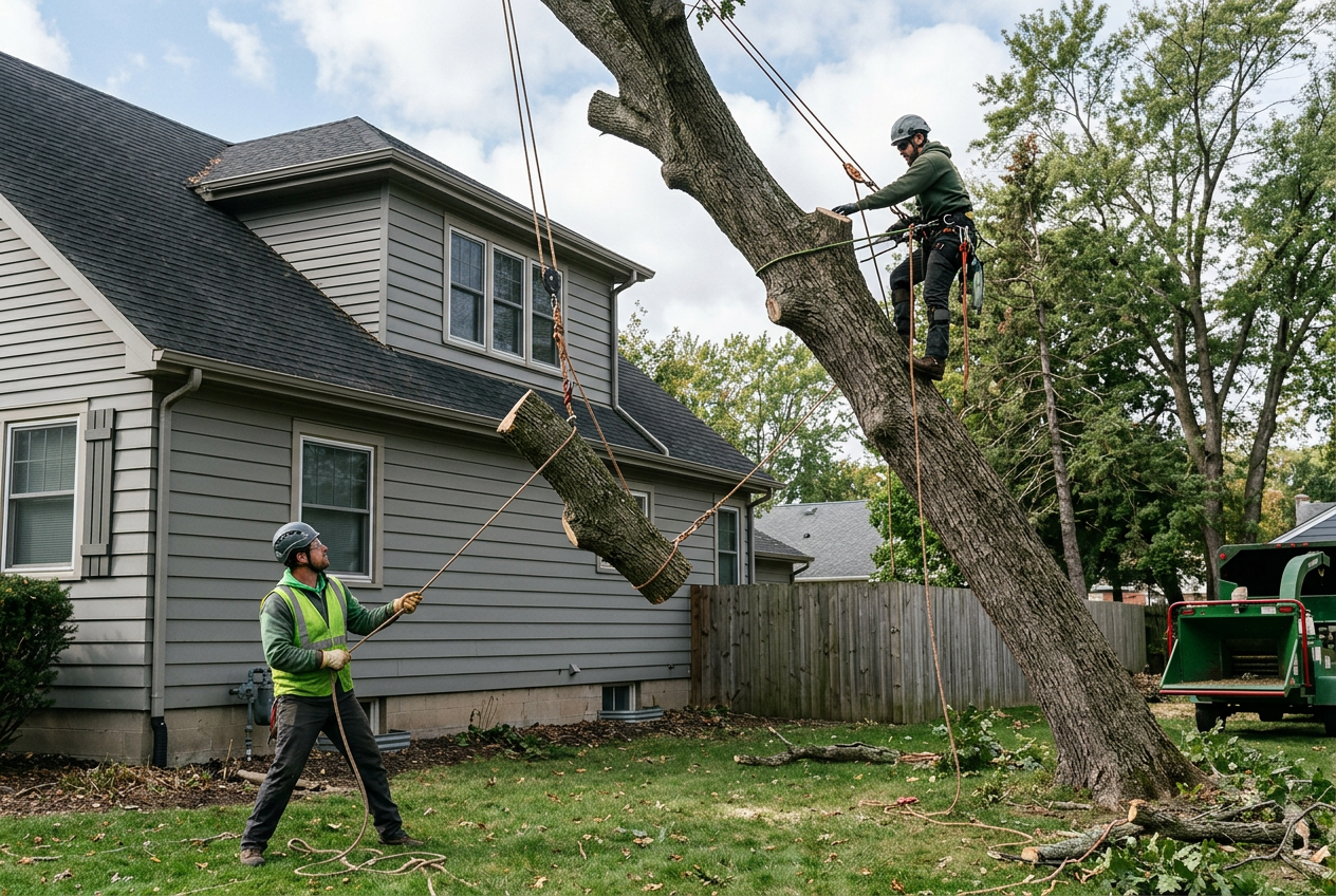 Crew safely removing a hazardous leaning tree next to a house