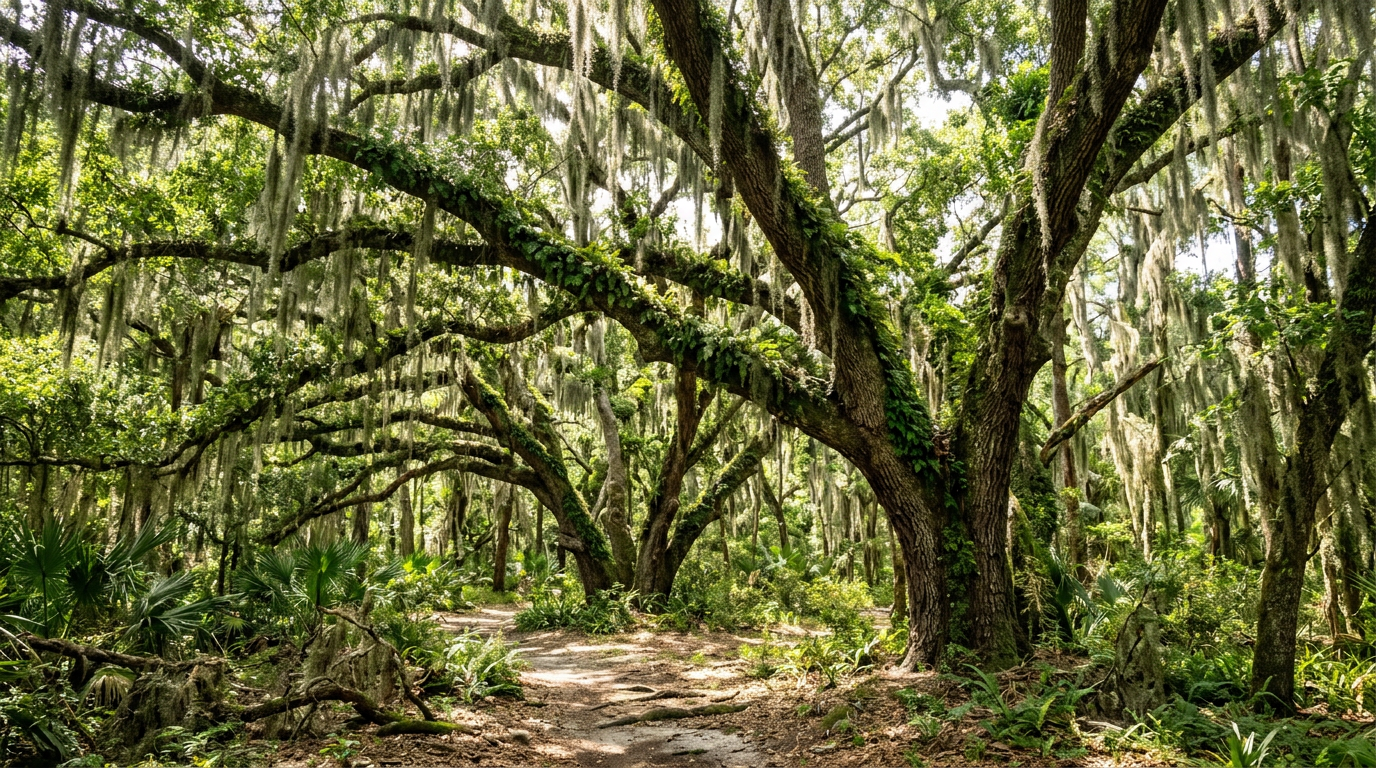 Sunlight through mature live oak trees with Spanish moss in Florida
