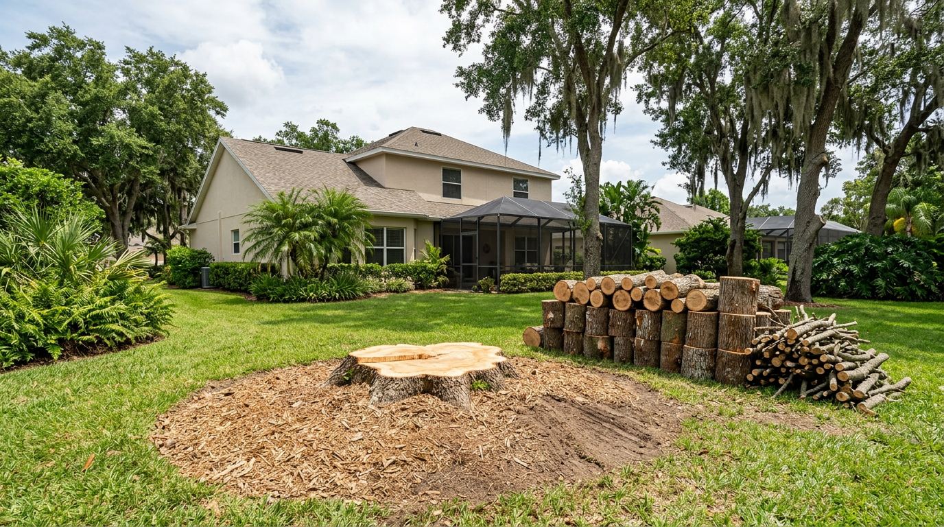 Completed tree removal project with stacked logs in a Florida yard
