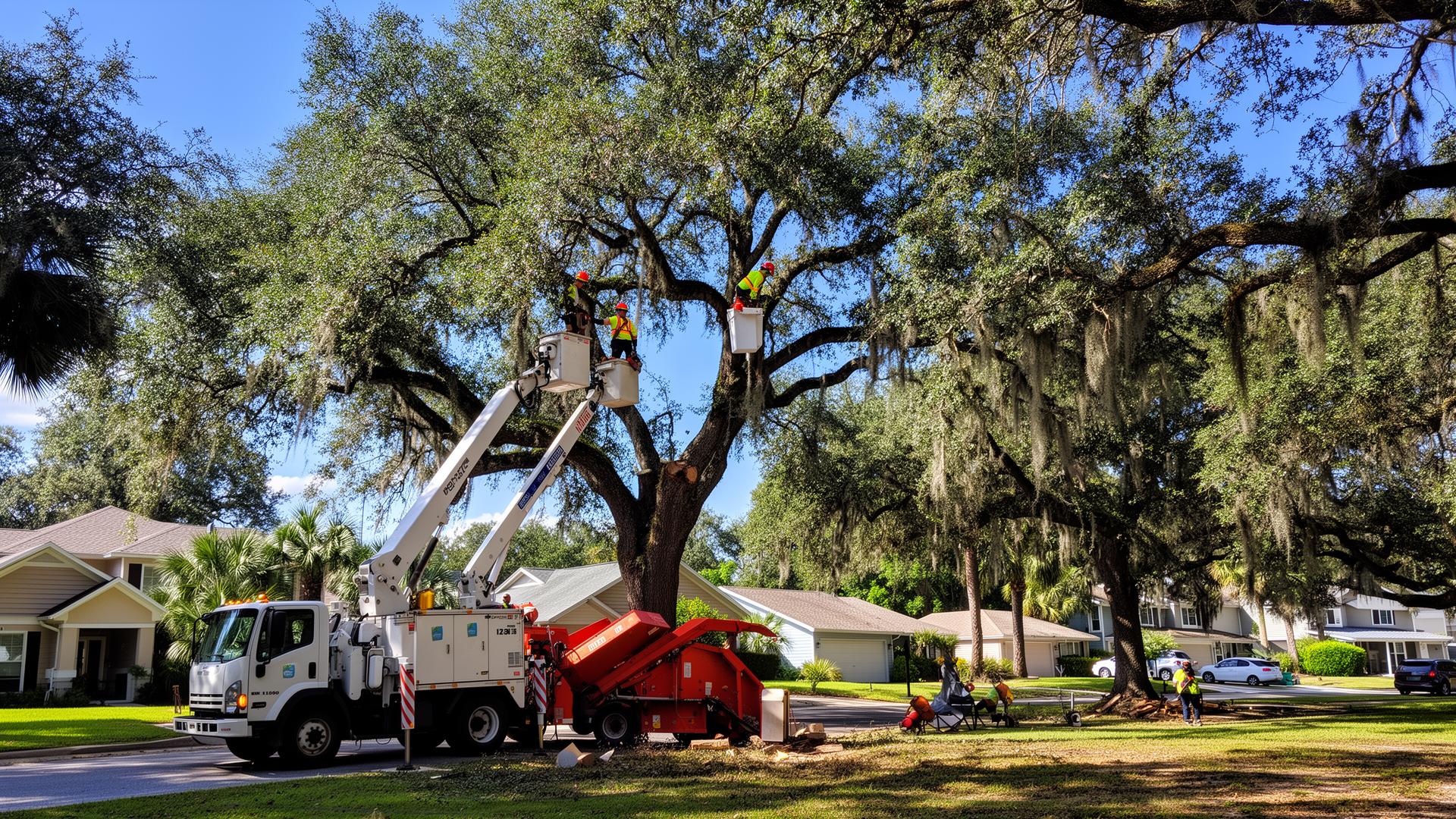 Professional tree trimming crew working in Gainesville Florida with lift and chipper