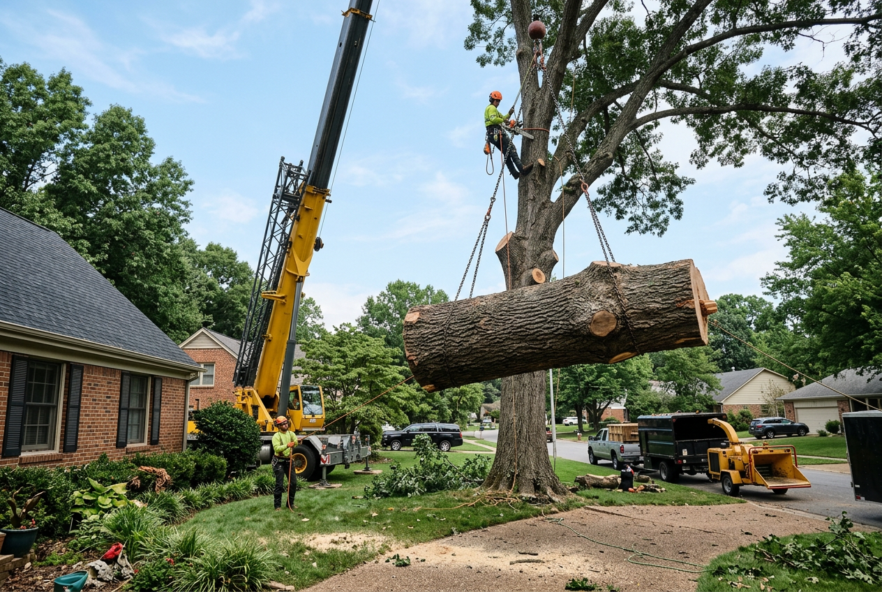Crane lifting a large tree trunk section during removal