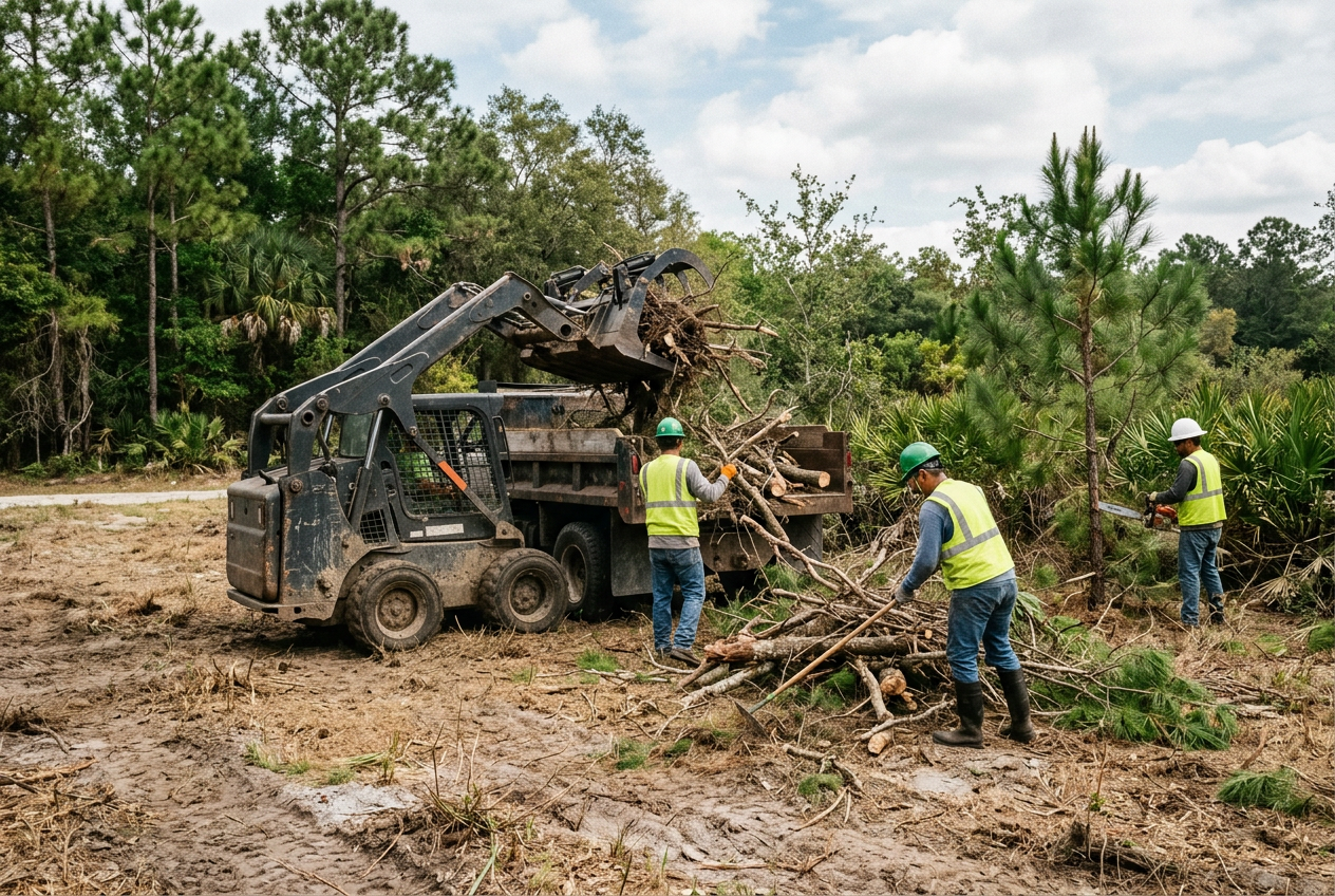 Crew clearing brush and small trees from a Florida property