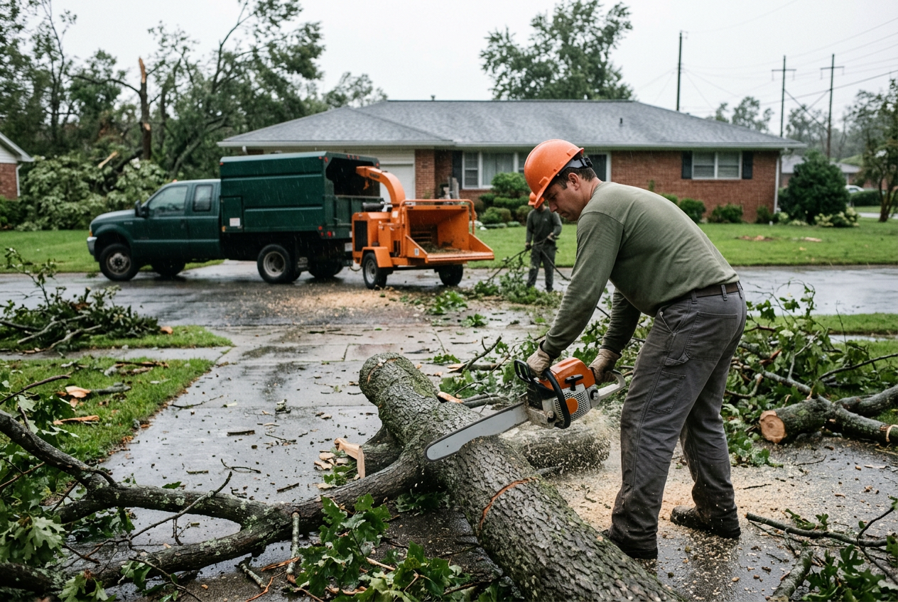 Storm damaged tree being cleared from a driveway after a hurricane