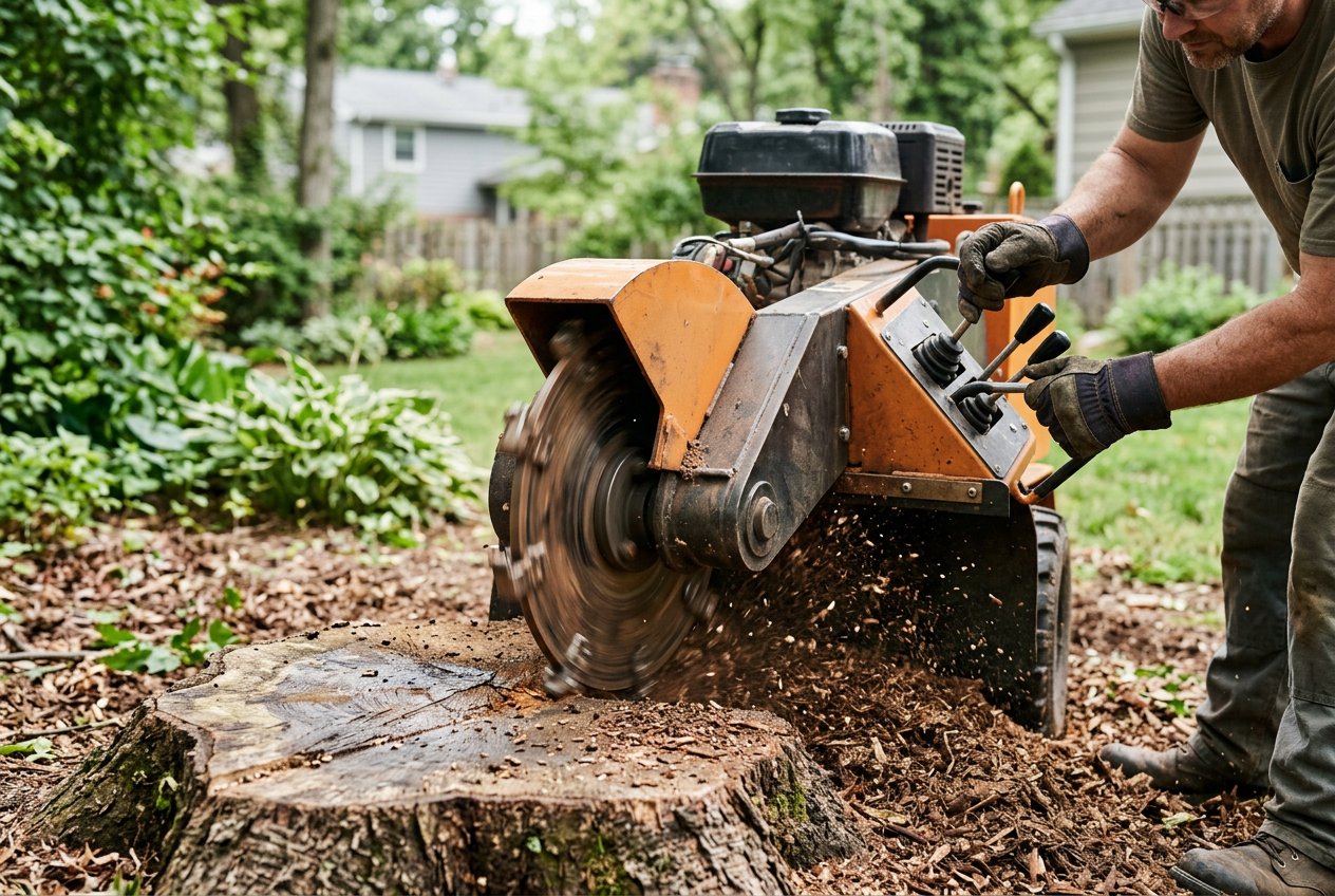 Stump grinder removing a tree stump in a Florida backyard