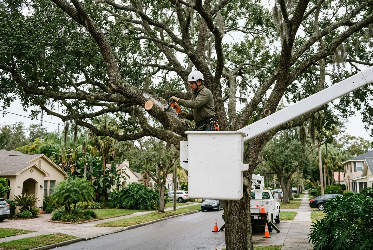 Arborist trimming a large oak tree from a bucket lift in Gainesville Florida